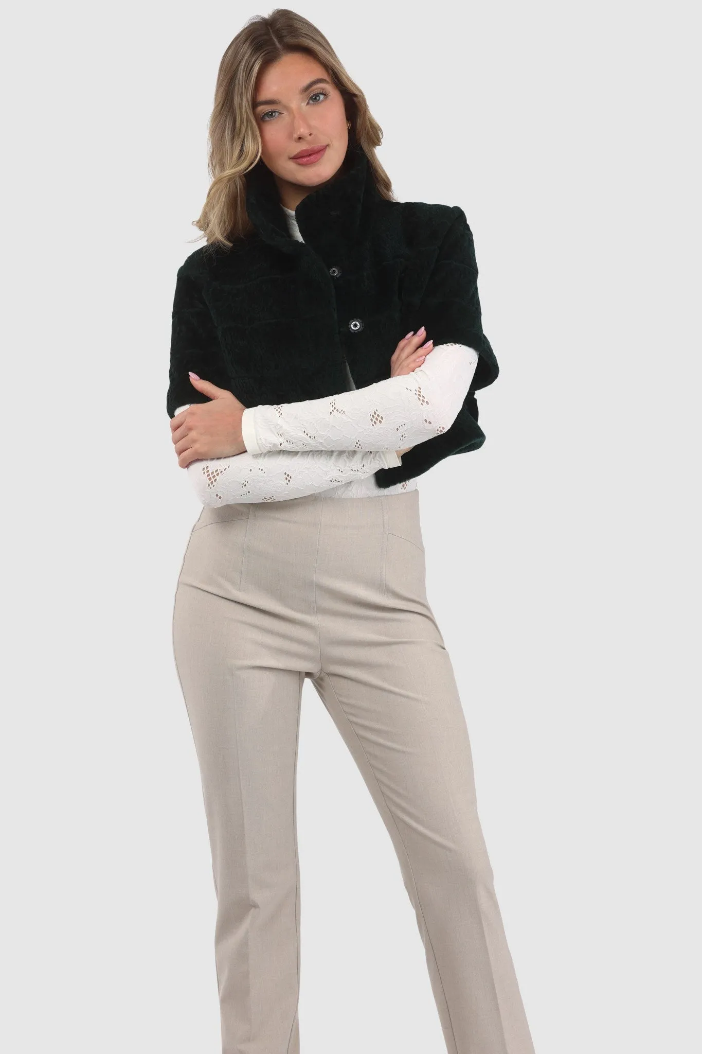 Reversible Textured Shearling Lamb Bolero with Cropped Sleeves