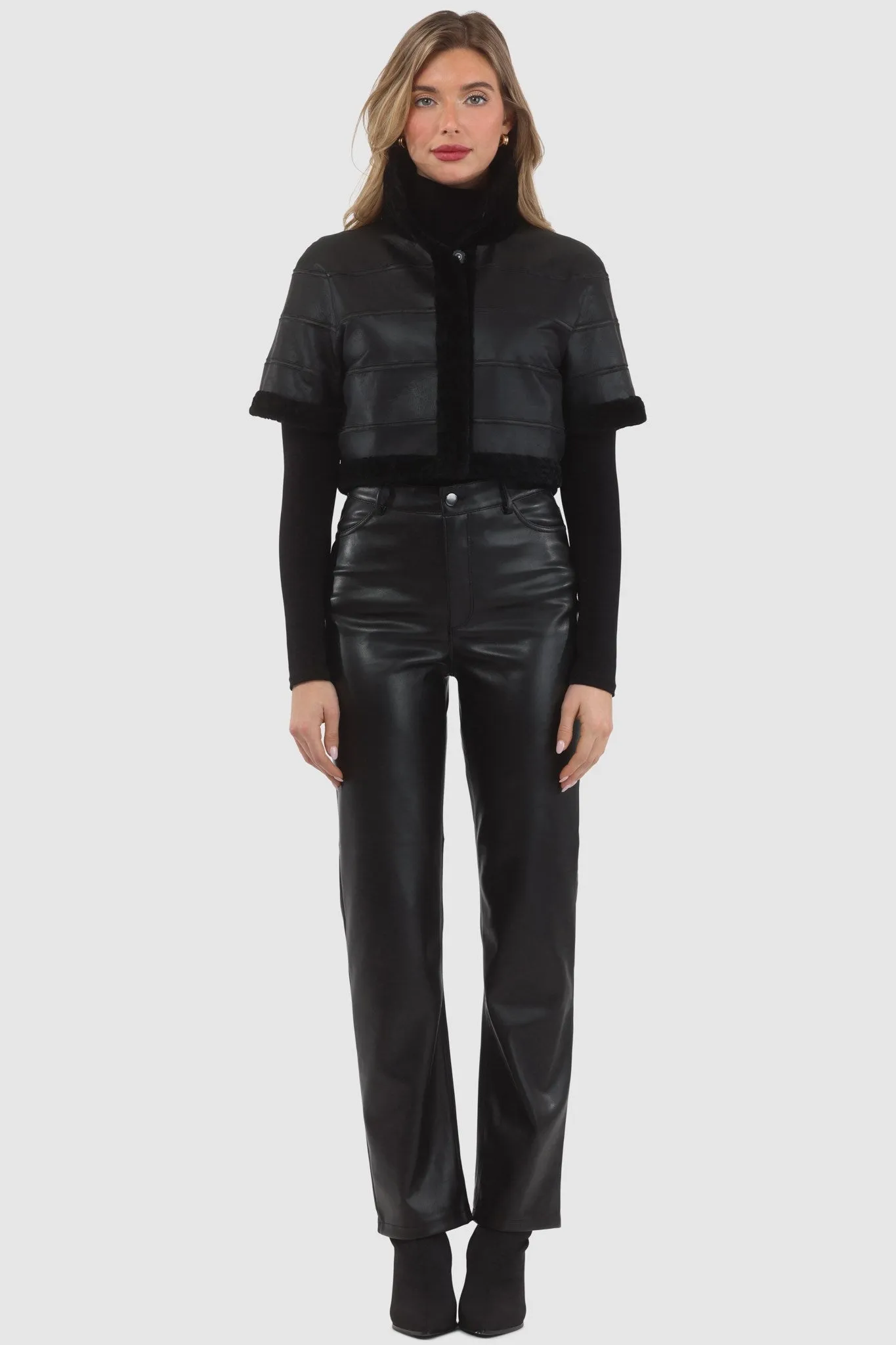 Reversible Textured Shearling Lamb Bolero with Cropped Sleeves