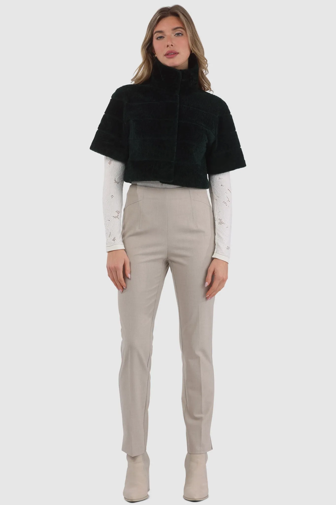 Reversible Textured Shearling Lamb Bolero with Cropped Sleeves