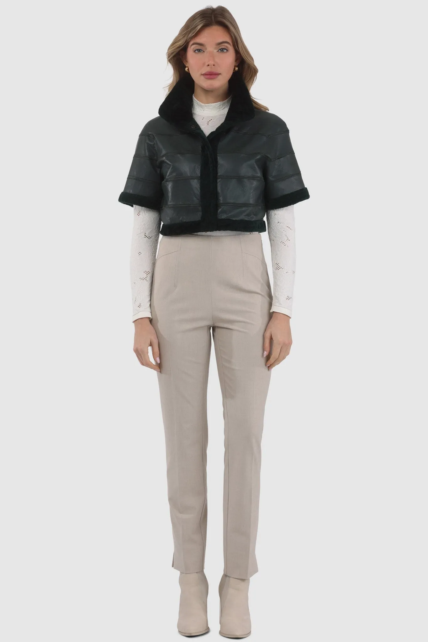 Reversible Textured Shearling Lamb Bolero with Cropped Sleeves