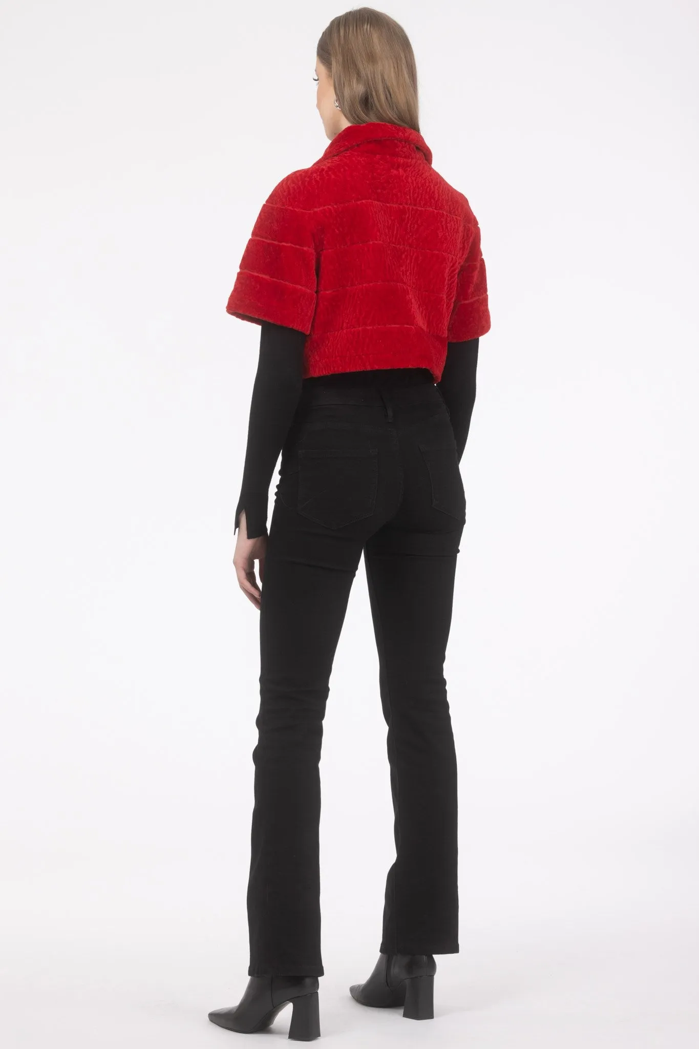 Reversible Textured Shearling Lamb Bolero with Cropped Sleeves