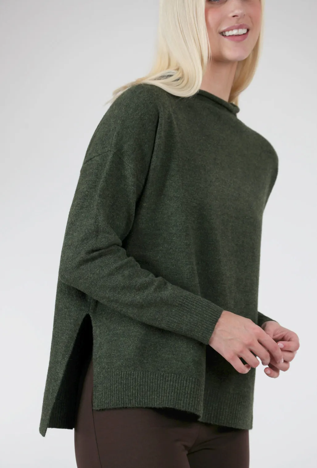 Roll-Neck High-Low Sweater, Olive