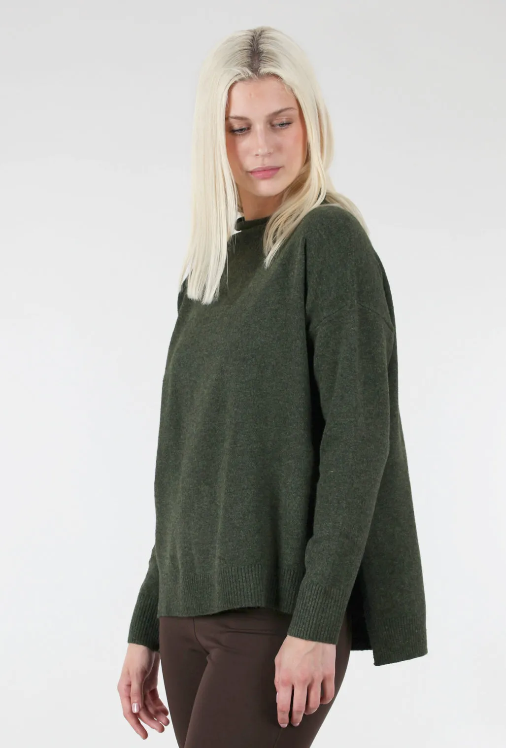 Roll-Neck High-Low Sweater, Olive