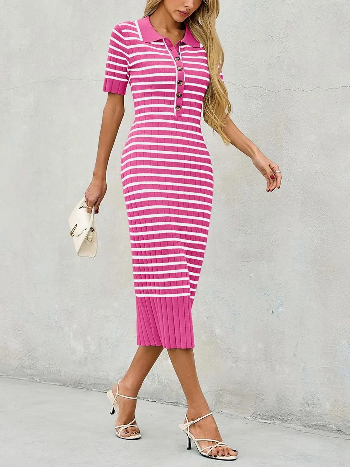 Saodimallsu Womens Bodycon Long Knit Dresses Summer Short Sleeve Striped V Neck Polo Elegant Midi Sweater Dress
