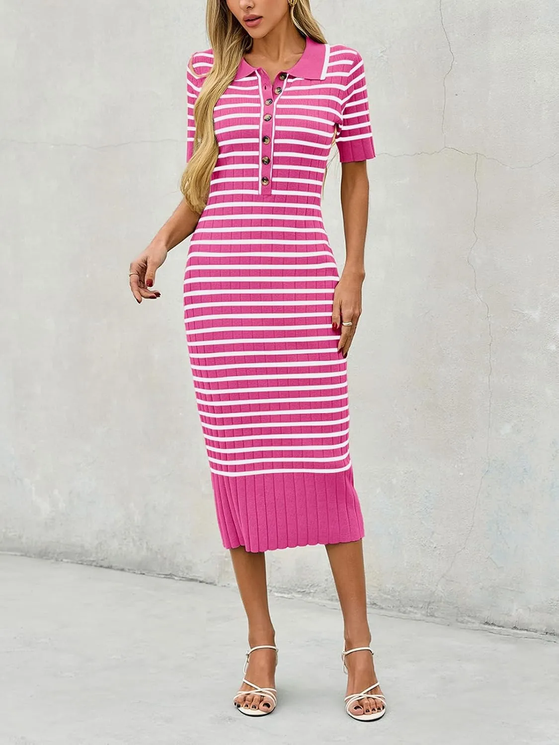 Saodimallsu Womens Bodycon Long Knit Dresses Summer Short Sleeve Striped V Neck Polo Elegant Midi Sweater Dress