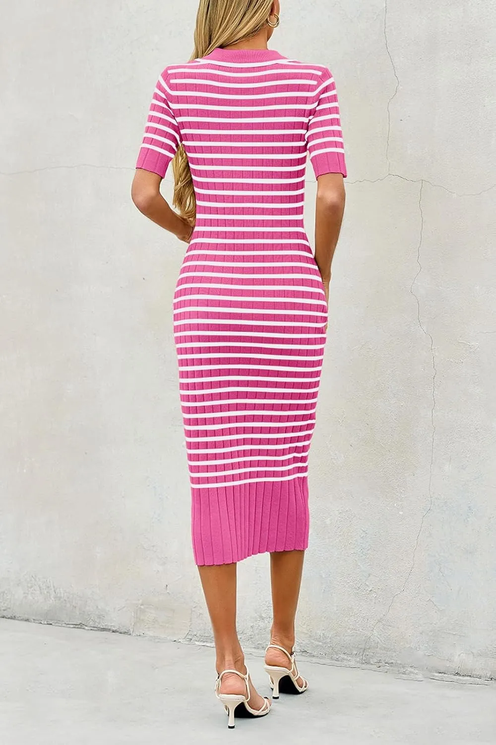 Saodimallsu Womens Bodycon Long Knit Dresses Summer Short Sleeve Striped V Neck Polo Elegant Midi Sweater Dress