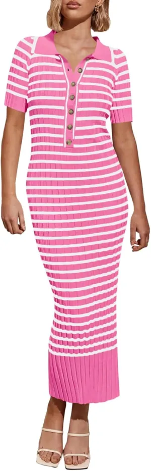 Saodimallsu Womens Bodycon Long Knit Dresses Summer Short Sleeve Striped V Neck Polo Elegant Midi Sweater Dress