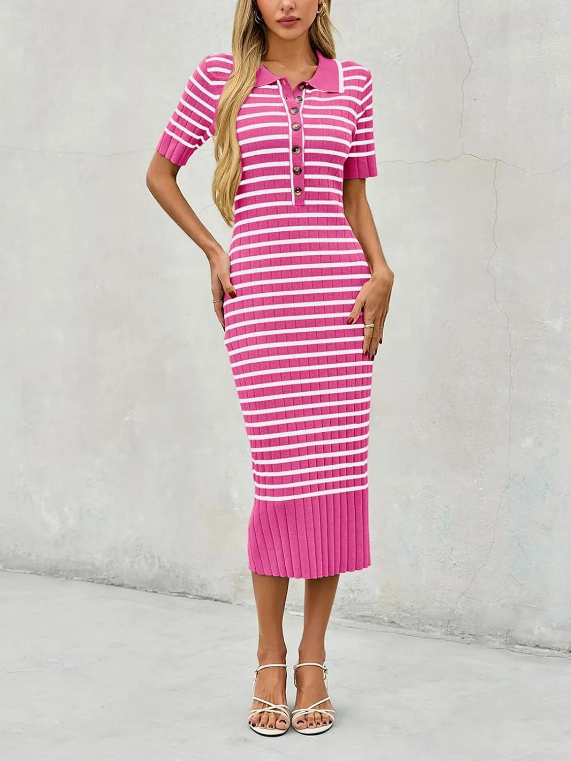 Saodimallsu Womens Bodycon Long Knit Dresses Summer Short Sleeve Striped V Neck Polo Elegant Midi Sweater Dress