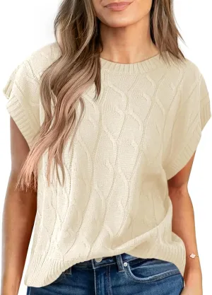 Saodimallsu Womens Cap Sleeve Sweater Tops Cable Knit Crew Neck Summer Lightweight Oversized Loose Vest Top