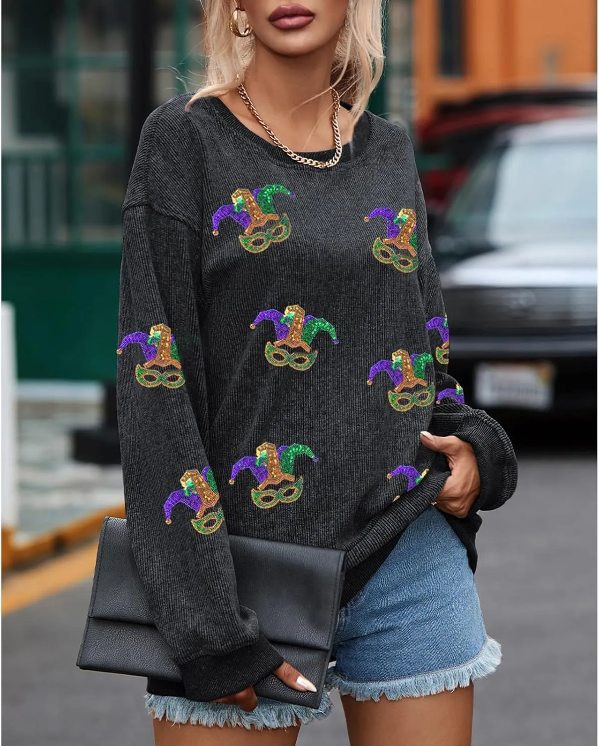 SELINK Womens Crewneck Oversized Corduroy Corded Sweatshirt Long Sleeve Casual Pullover Tops