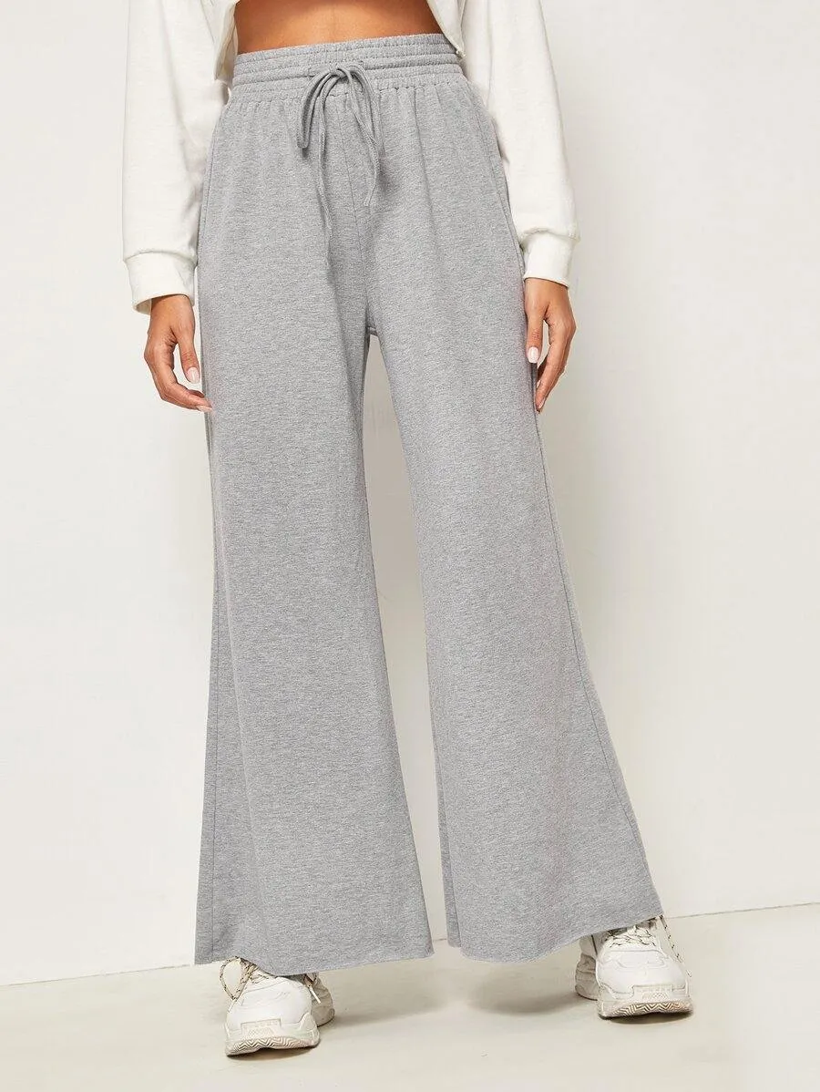 Solid Drawstring Waist Wide Leg Pants