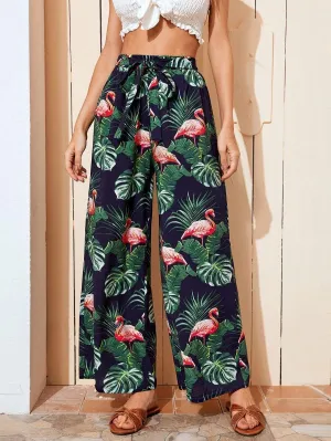 Tropical Print Belted Wide Leg Pants