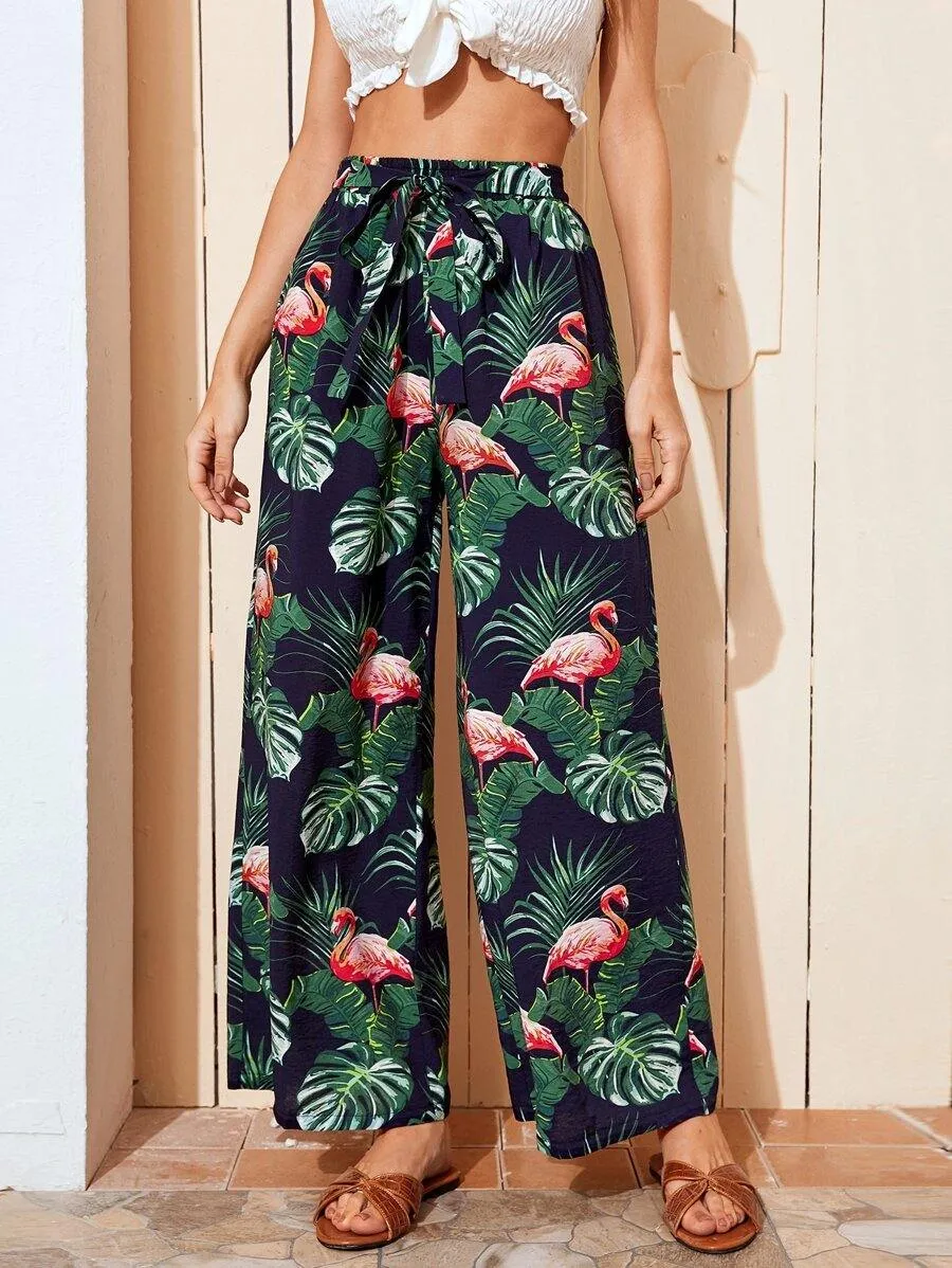 Tropical Print Belted Wide Leg Pants