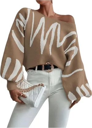 Verdusa Women's Off The Shoulder Sweater Oversized Long Lantern Sleeve Pullovers Trendy Knit Tops