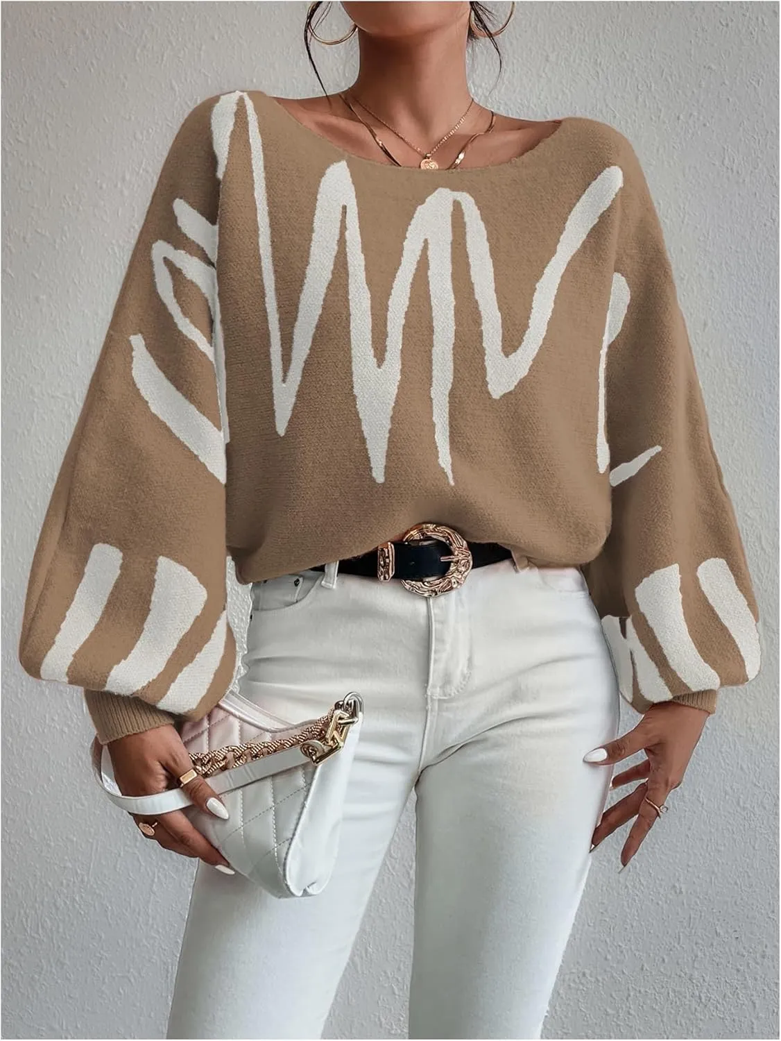 Verdusa Women's Off The Shoulder Sweater Oversized Long Lantern Sleeve Pullovers Trendy Knit Tops