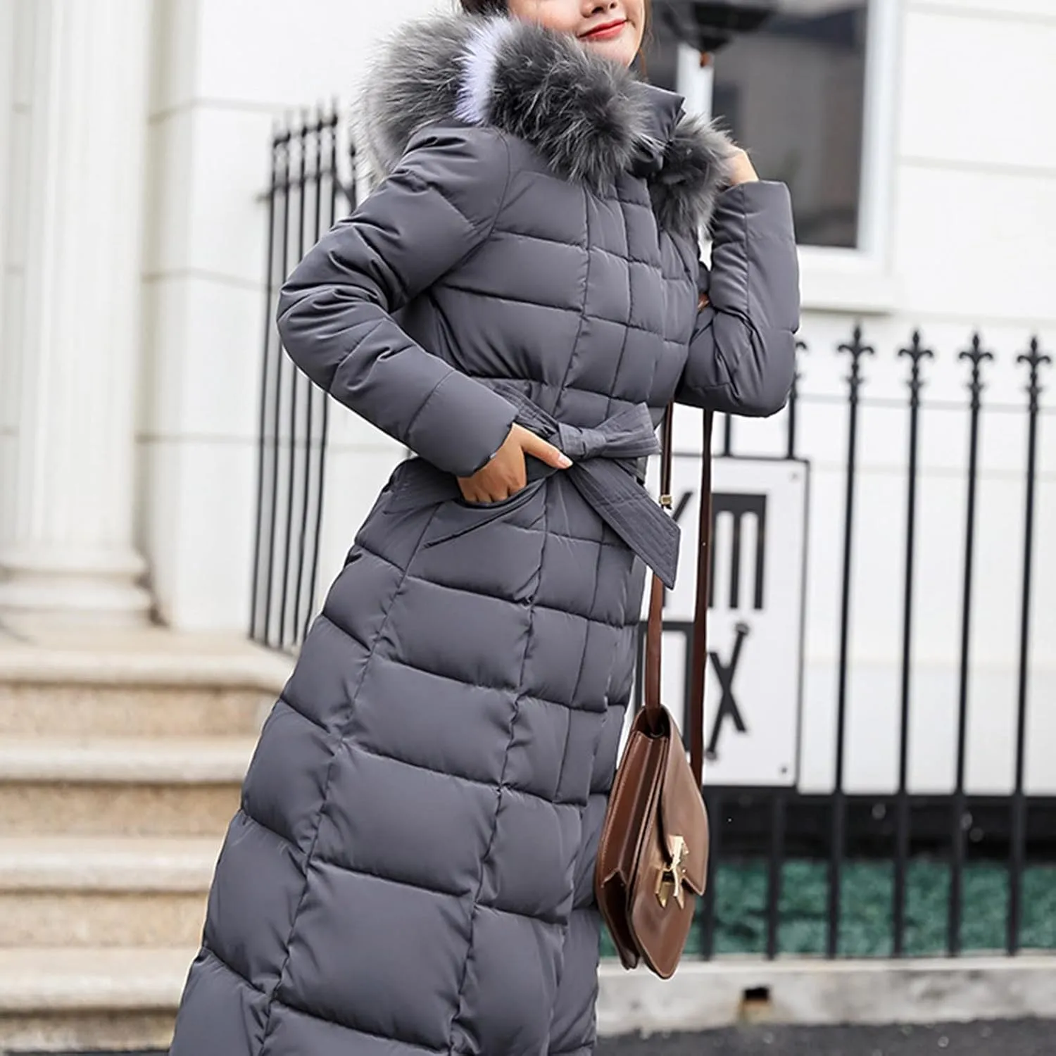 Women Midweight Winter Down Jacket Windproof Packable Faux Fur Collar Hood Thermal Padded Puffer Insulated Coats Outerwear