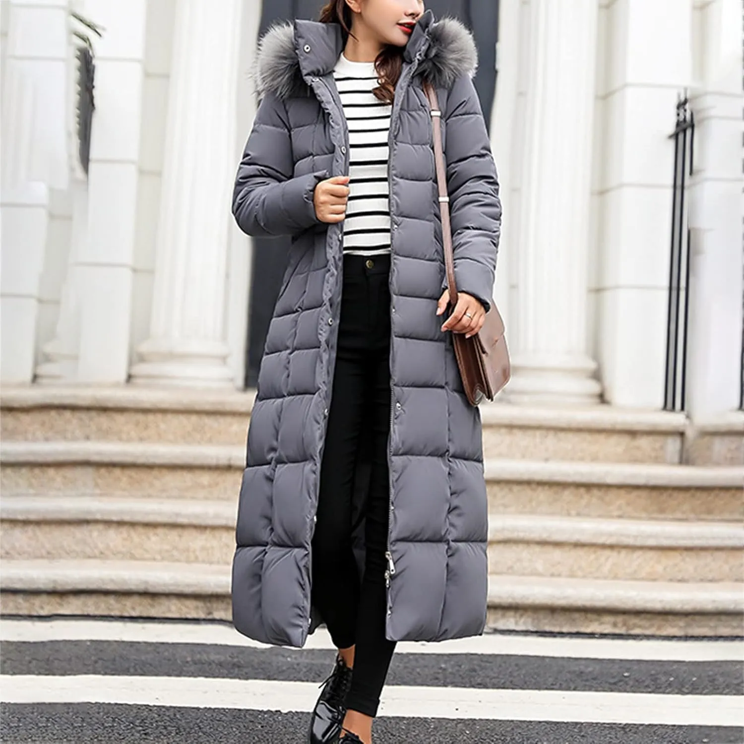 Women Midweight Winter Down Jacket Windproof Packable Faux Fur Collar Hood Thermal Padded Puffer Insulated Coats Outerwear