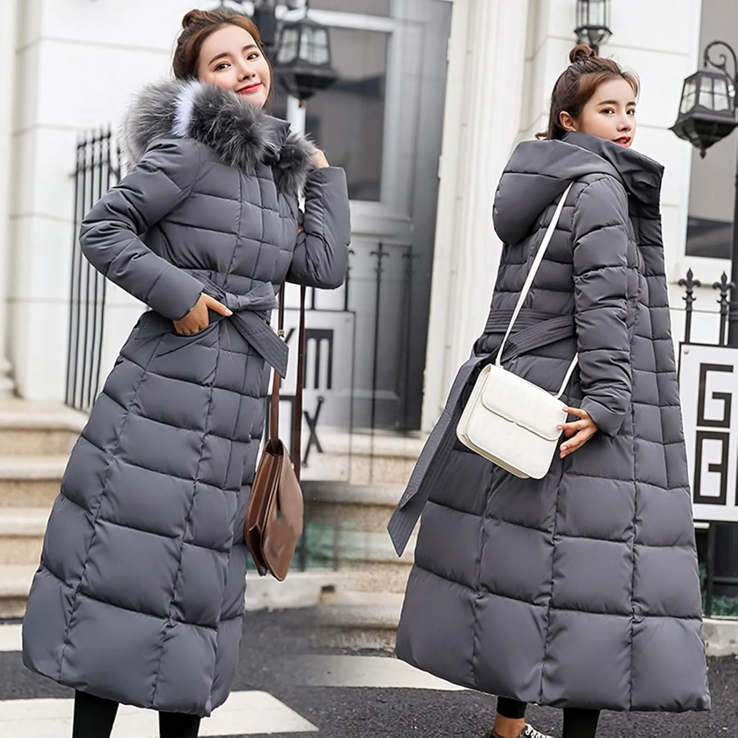 Women Midweight Winter Down Jacket Windproof Packable Faux Fur Collar Hood Thermal Padded Puffer Insulated Coats Outerwear