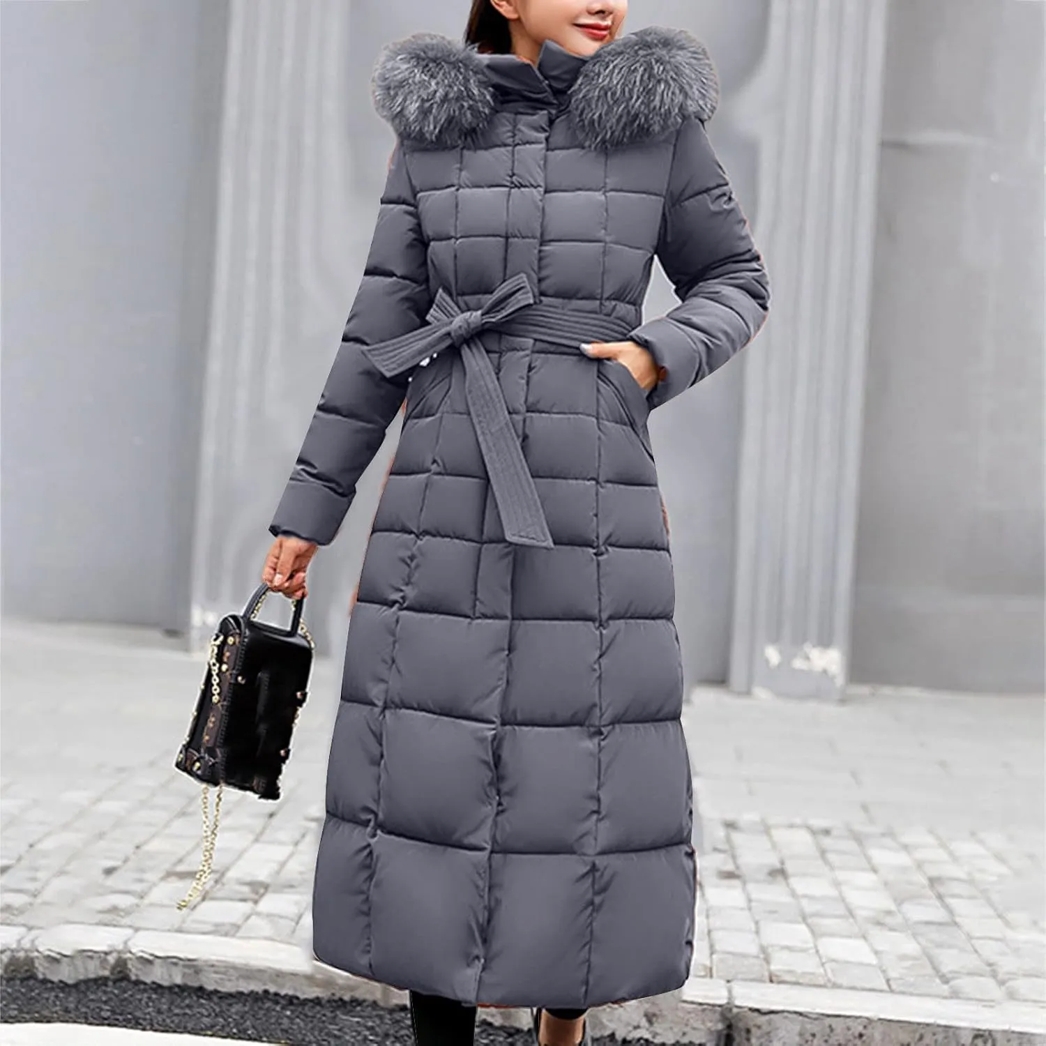 Women Midweight Winter Down Jacket Windproof Packable Faux Fur Collar Hood Thermal Padded Puffer Insulated Coats Outerwear