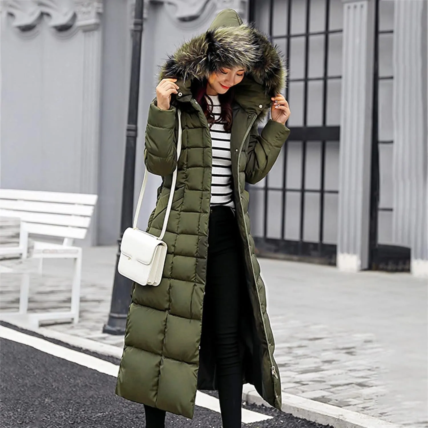 Women Midweight Winter Down Jacket Windproof Packable Faux Fur Collar Hood Thermal Padded Puffer Insulated Coats Outerwear
