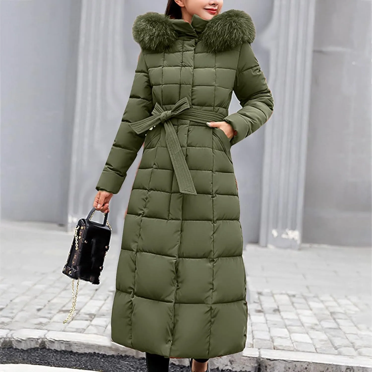 Women Midweight Winter Down Jacket Windproof Packable Faux Fur Collar Hood Thermal Padded Puffer Insulated Coats Outerwear