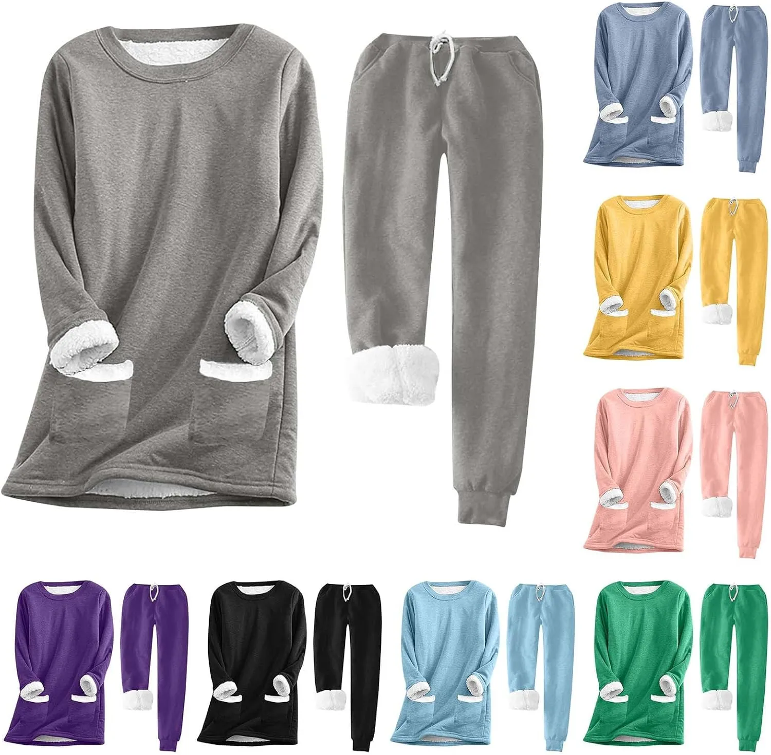 Women Sherpa Fleece Lined Sweatsuit with Pants Sets Winter Warm Crewneck Tops Joggers 2 Piece Outfit Tracksuits
