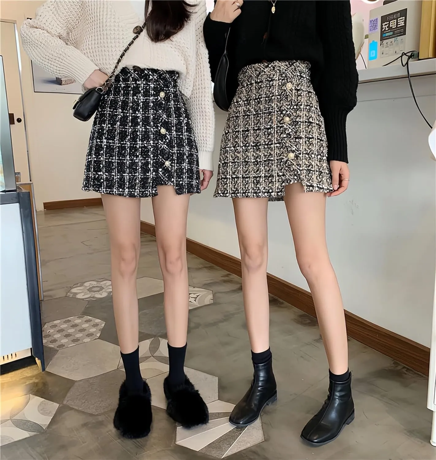 Women Tweed Mini Skirts Elegant Plaid Button A-line High Waist Bodycon Pencil Wrap Short Skirts