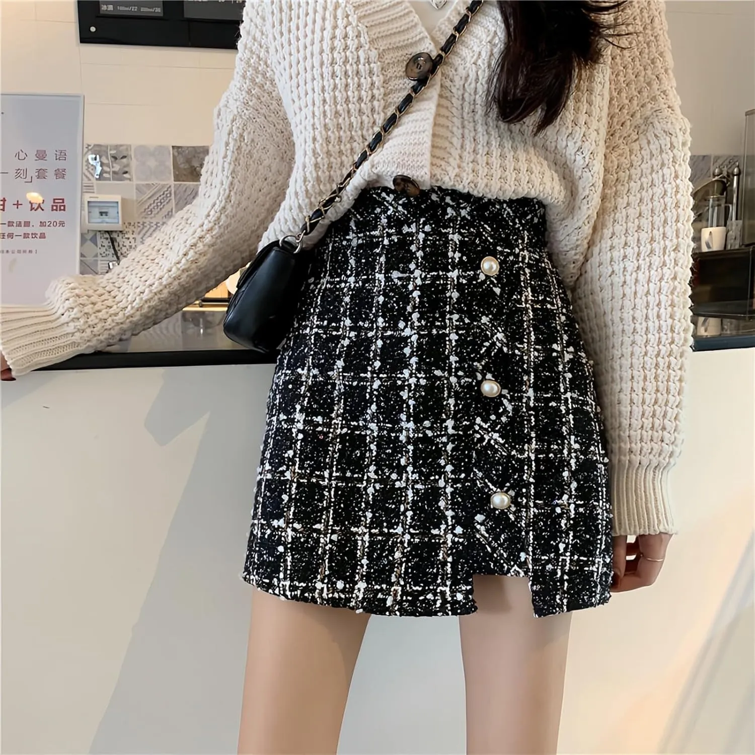 Women Tweed Mini Skirts Elegant Plaid Button A-line High Waist Bodycon Pencil Wrap Short Skirts