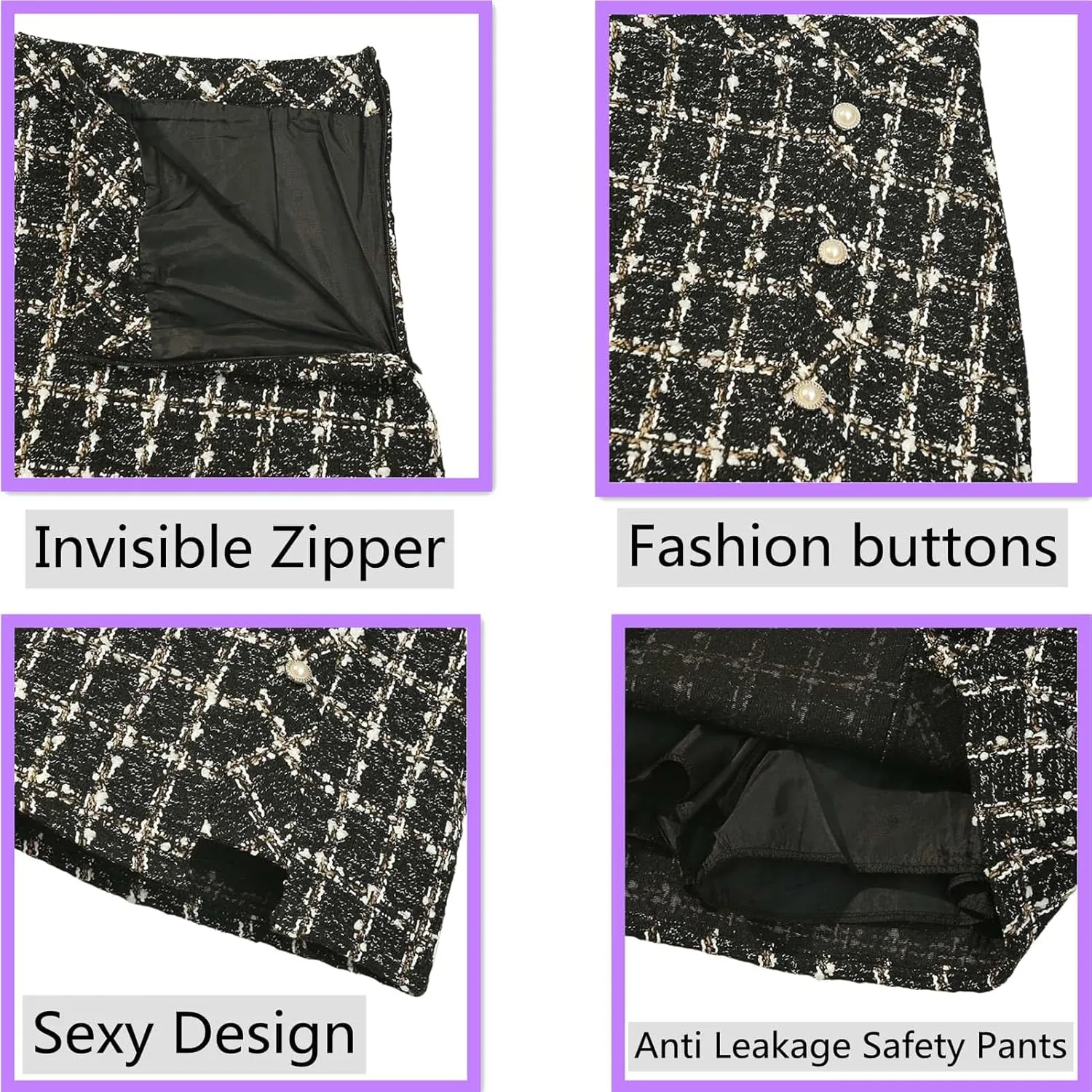 Women Tweed Mini Skirts Elegant Plaid Button A-line High Waist Bodycon Pencil Wrap Short Skirts