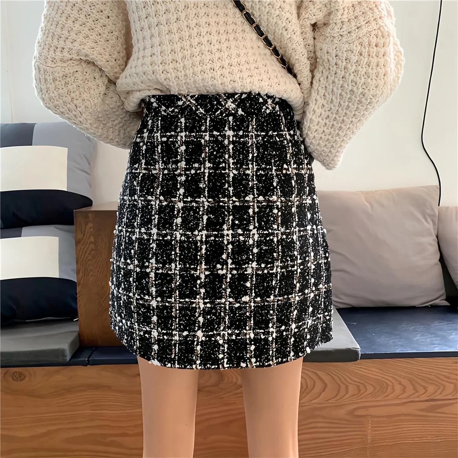 Women Tweed Mini Skirts Elegant Plaid Button A-line High Waist Bodycon Pencil Wrap Short Skirts