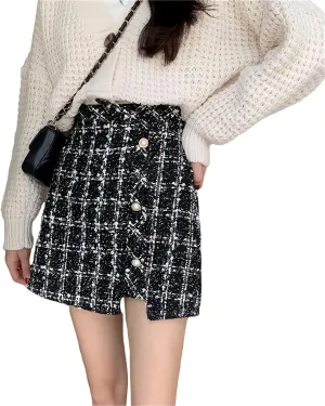Women Tweed Mini Skirts Elegant Plaid Button A-line High Waist Bodycon Pencil Wrap Short Skirts