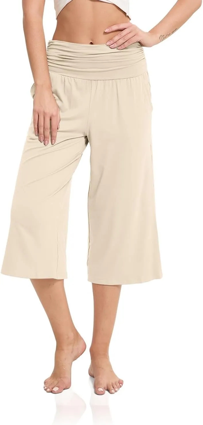 Women's Capri Pants Elastic Waist Wide Leg Loose Pants Cropped Trousers with Pockets Summer Casual Yoga Sweatpants