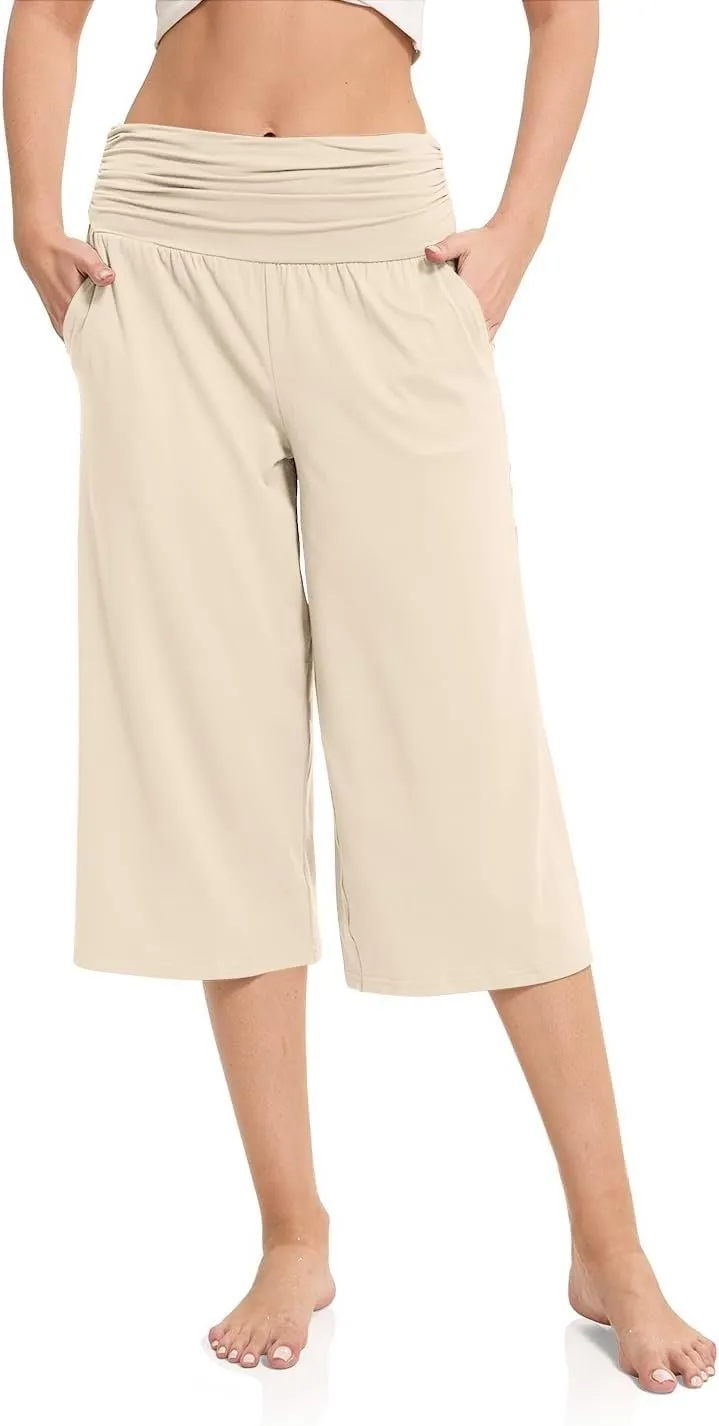 Women's Capri Pants Elastic Waist Wide Leg Loose Pants Cropped Trousers with Pockets Summer Casual Yoga Sweatpants