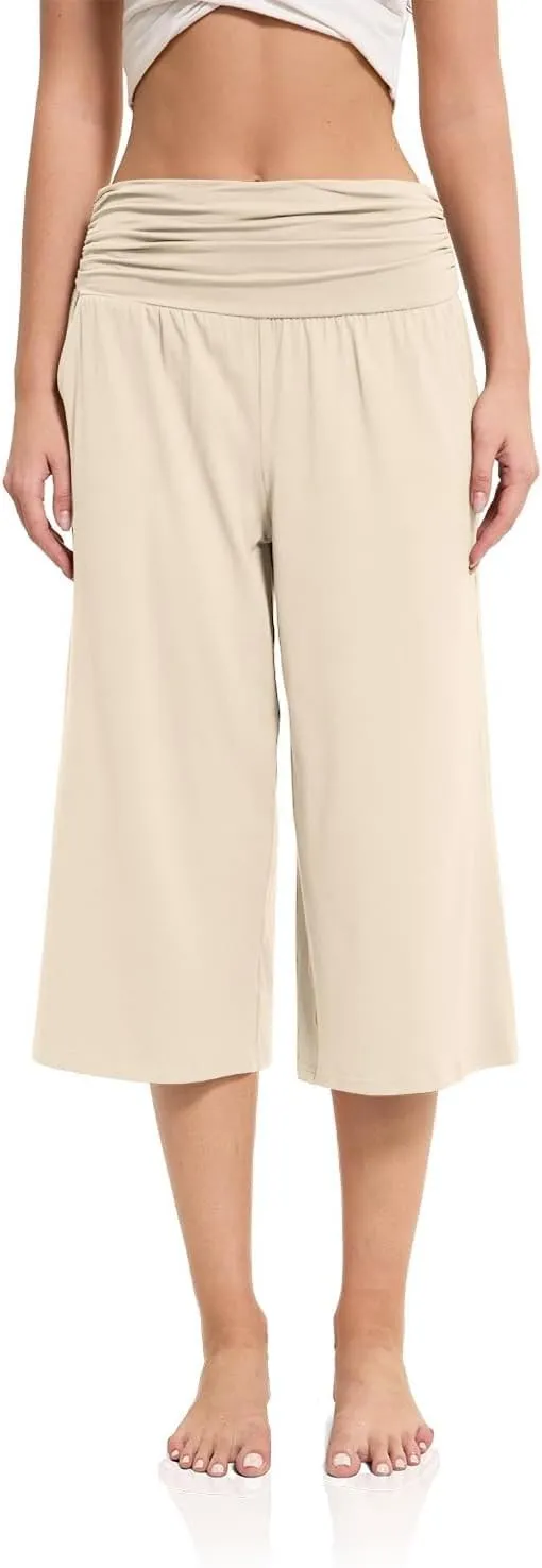 Women's Capri Pants Elastic Waist Wide Leg Loose Pants Cropped Trousers with Pockets Summer Casual Yoga Sweatpants