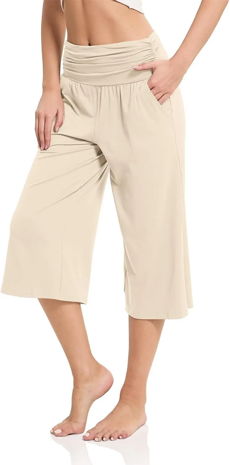 Women's Capri Pants Elastic Waist Wide Leg Loose Pants Cropped Trousers with Pockets Summer Casual Yoga Sweatpants