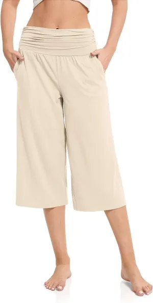 Women's Capri Pants Elastic Waist Wide Leg Loose Pants Cropped Trousers with Pockets Summer Casual Yoga Sweatpants