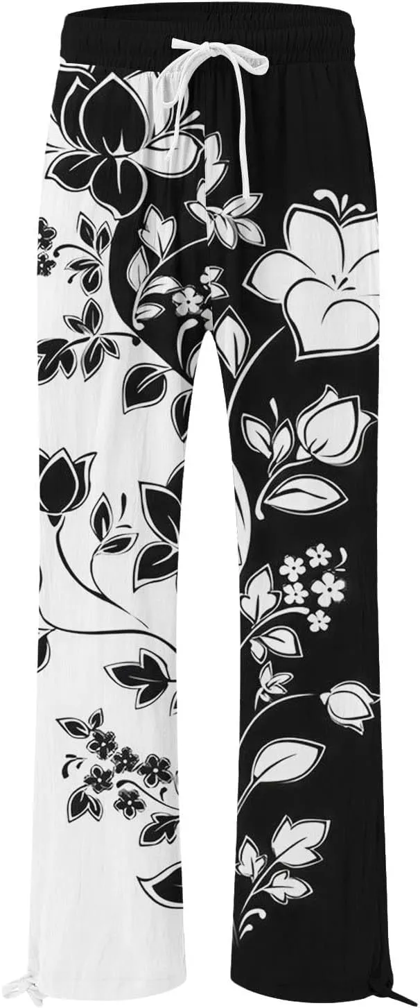 Womens Casual High Waisted Linen Pants Elastic High Waisted Beach Trousers Summer Casual Loose Wide Leg Palazzo Pants