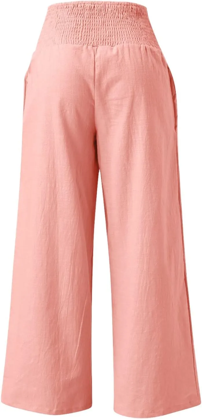 Womens Casual High Waisted Linen Pants Elastic High Waisted Beach Trousers Summer Casual Loose Wide Leg Palazzo Pants