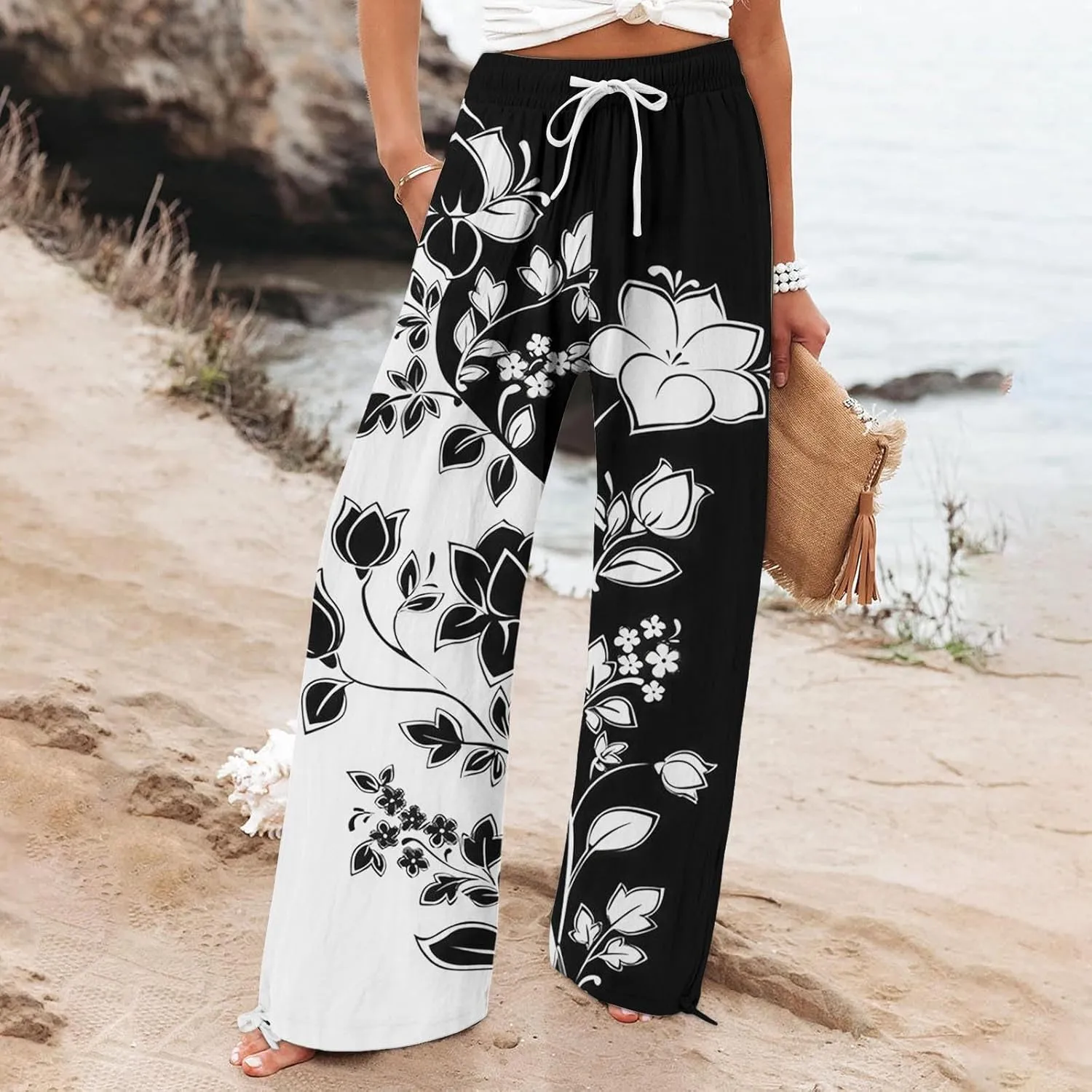 Womens Casual High Waisted Linen Pants Elastic High Waisted Beach Trousers Summer Casual Loose Wide Leg Palazzo Pants
