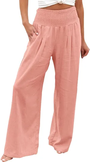 Womens Casual High Waisted Linen Pants Elastic High Waisted Beach Trousers Summer Casual Loose Wide Leg Palazzo Pants