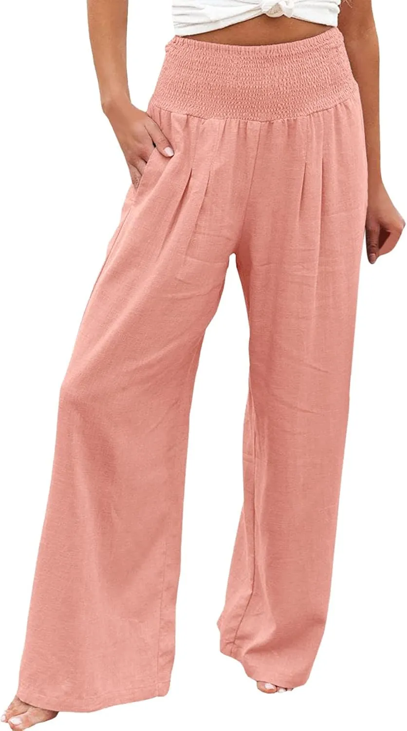 Womens Casual High Waisted Linen Pants Elastic High Waisted Beach Trousers Summer Casual Loose Wide Leg Palazzo Pants