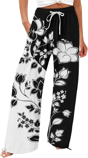 Womens Casual High Waisted Linen Pants Elastic High Waisted Beach Trousers Summer Casual Loose Wide Leg Palazzo Pants