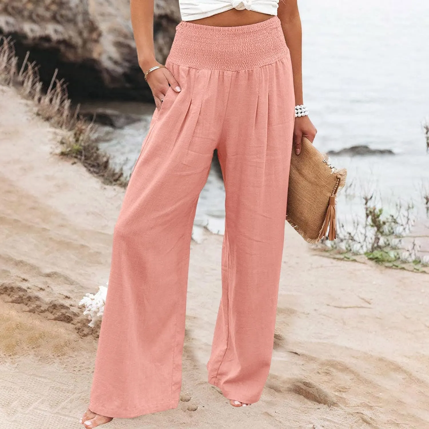 Womens Casual High Waisted Linen Pants Elastic High Waisted Beach Trousers Summer Casual Loose Wide Leg Palazzo Pants