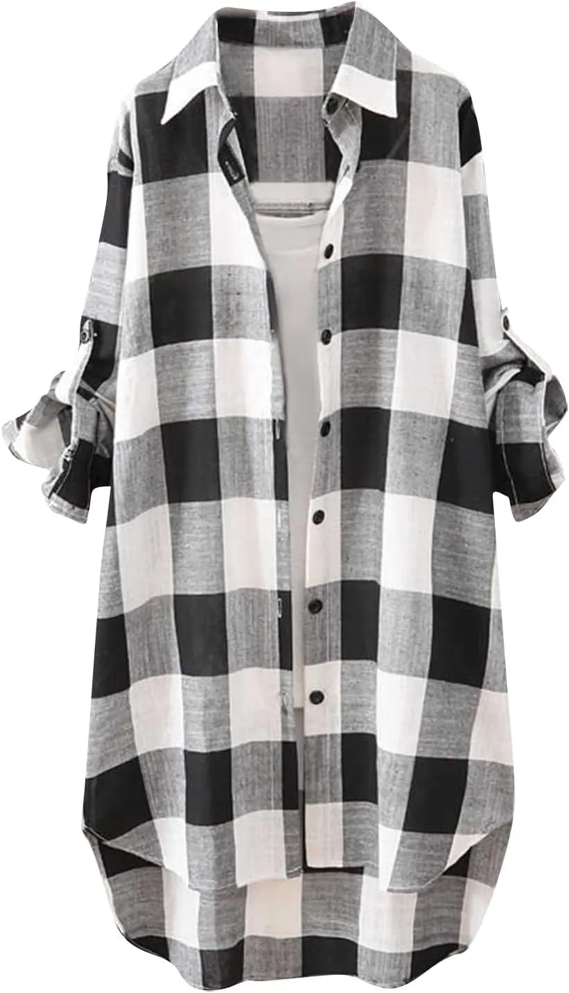 Womens Oversized Button Down Plaid Shacket Shirt Roll Up Long Sleeve Casual Boyfriend Tunic Blouse Top 2024 Fall