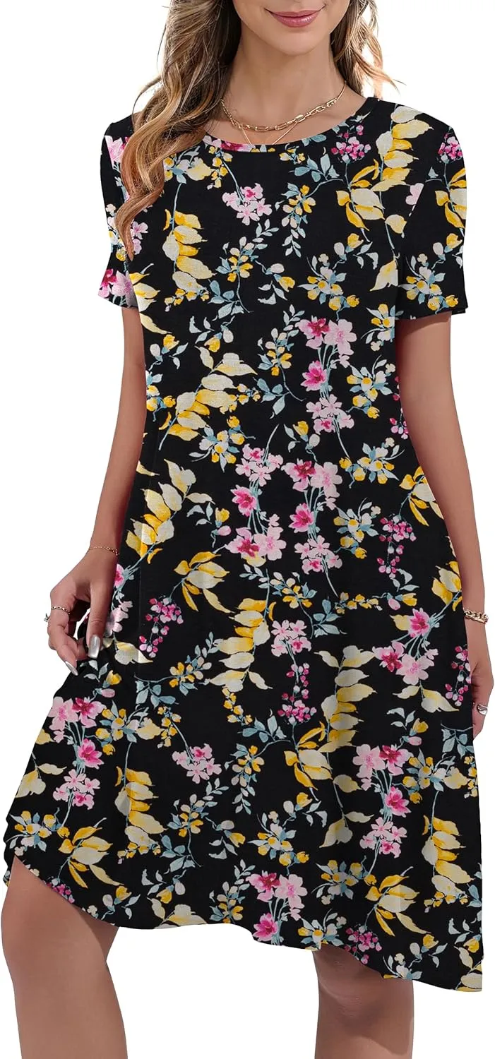 Women's Summer Casual Short Sleeve Crew Neck T Shirt Dresses Loose Swing with Pockets