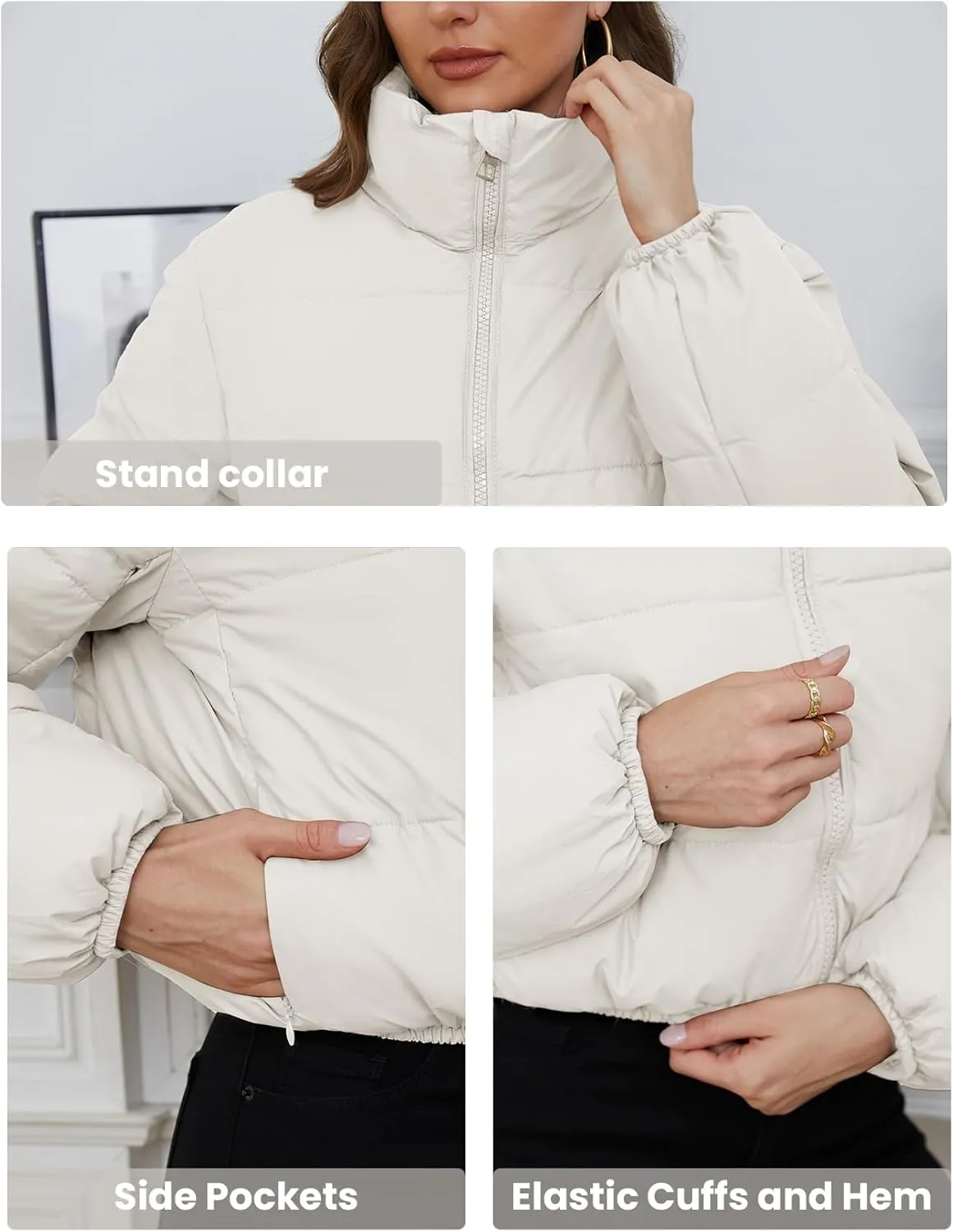 Wyeysyt Women's Cropped Puffer Jacket Winter Quilted Stand Collar Lightweight Outerwear Coats with Pockets