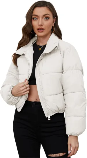 Wyeysyt Women's Cropped Puffer Jacket Winter Quilted Stand Collar Lightweight Outerwear Coats with Pockets